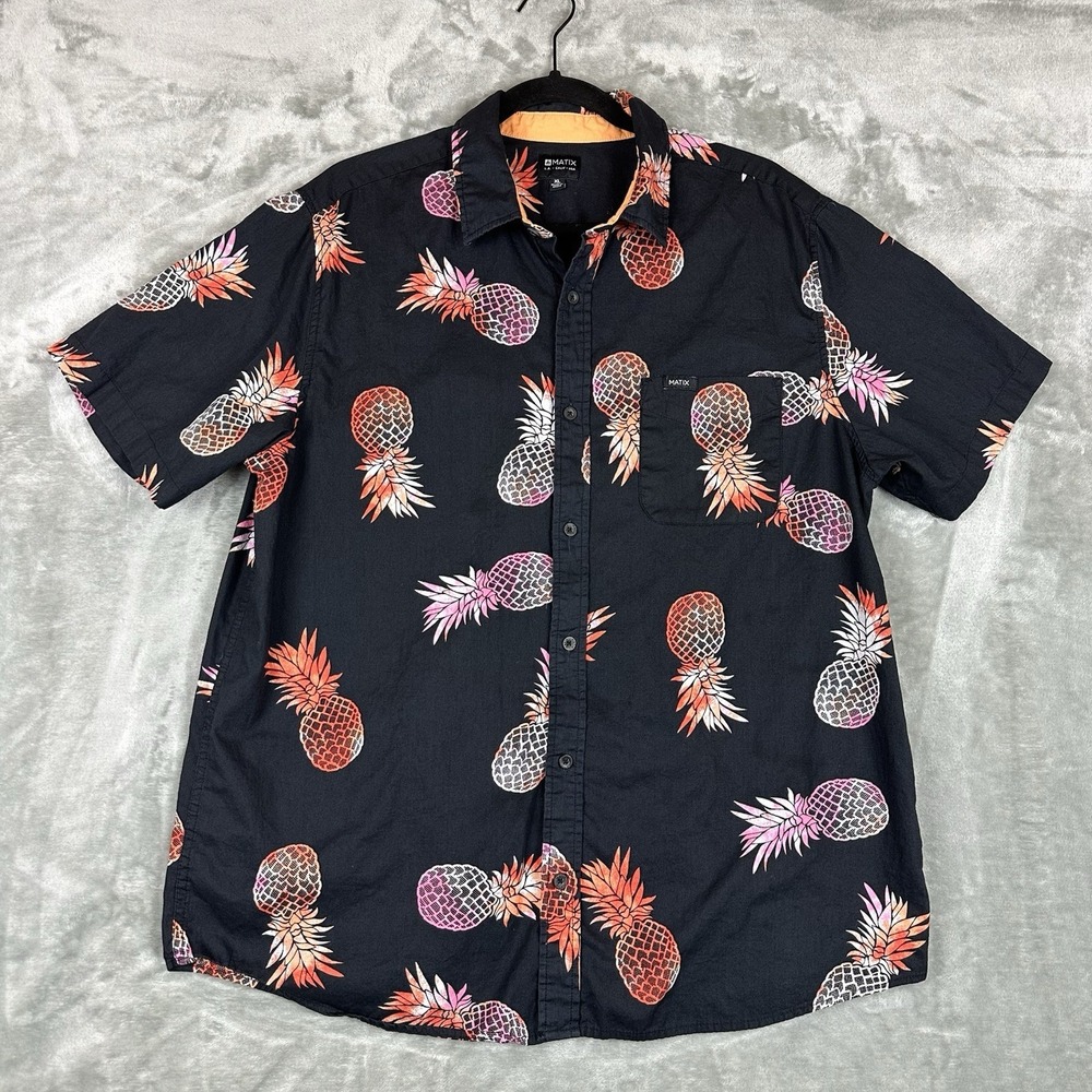 Matix Button Up Shirt Men's XL Black Colorful Pineapple Short Sleeve Cotton
